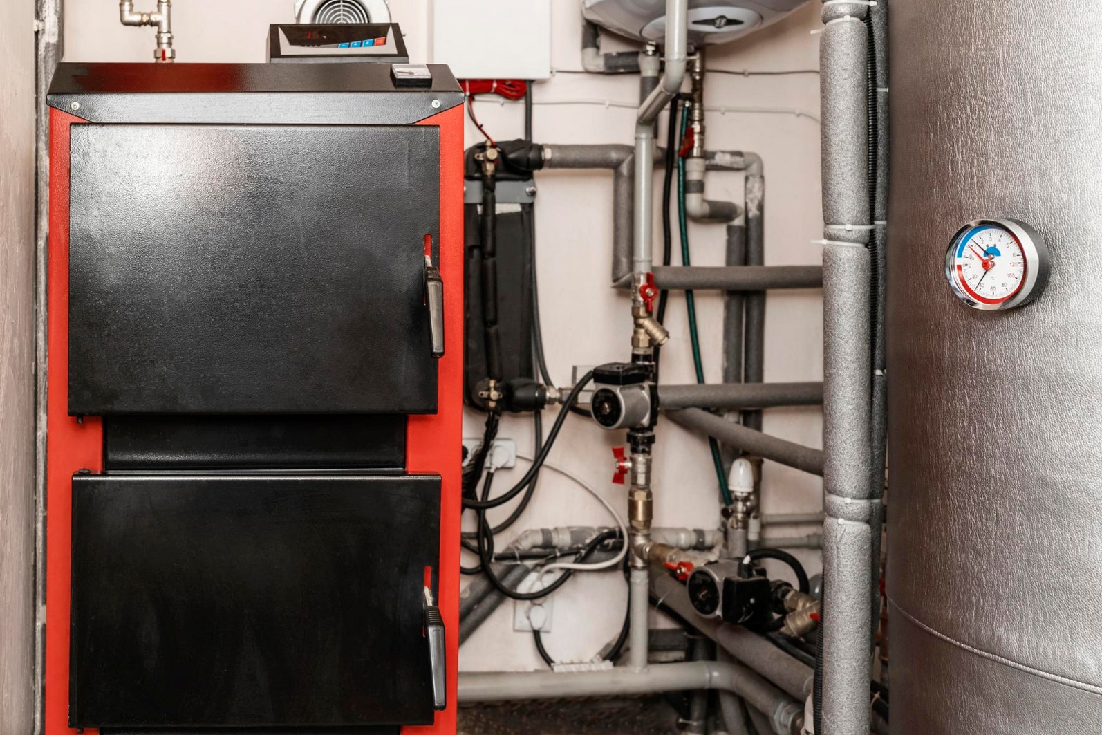 Chaudière au fioul rouge et noire installée par VD Énergie Clim, entreprise spécialisée dans le dépannage et l’entretien de chauffage